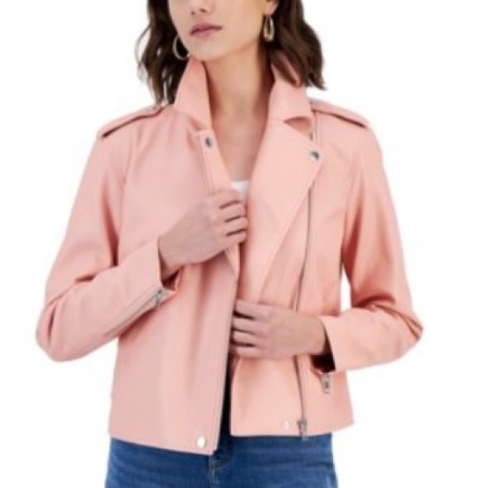 INC International Concepts Pink Vegan Leather Cropped Jacket size S NWT